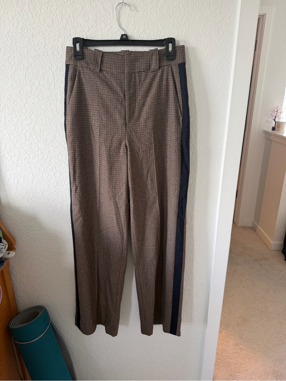 Brown Plaid women’s slack Pants with Black Side Stripe